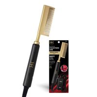 Hot & Hotter Electric Straightening Hot Comb Medium Curved Teeth, 1 Count Pressing Comb, Black & Gold