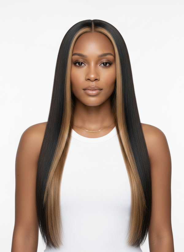Straight Center Part Long Bob 1B with Blonde Front Highlight Wig