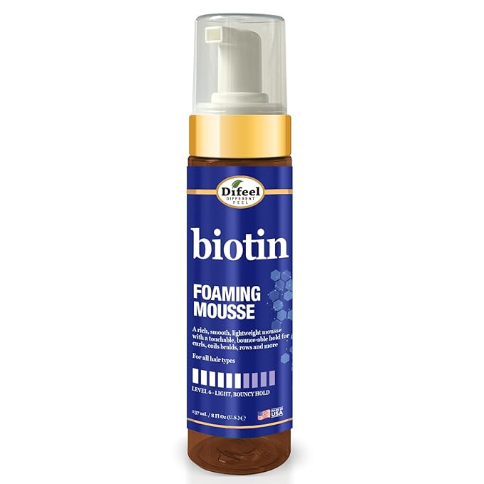 Difeel Biotin Foaming Mousse 8 oz. - Curly Hair Biotin Thickening Mousse, Ideal for Curls, Rows, Braids, and Coils
