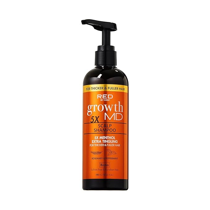 Red by Kiss Growth MD Scalp Shampoo, 5X Menthol Extra Tingling for Thicker & Fuller Hair, Vitamins & Biotin Infused for Strengthening & Itch Relief, Vegan Formula & Cruelty Free (10oz)