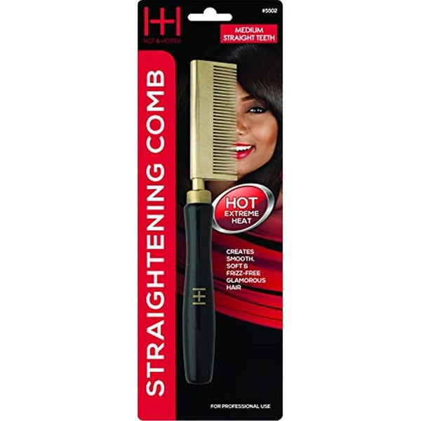 Hot & Hotter Thermal Straightening Comb - Medium Straight Teeth (Model 5502) - Brass & Copper Head Pressing Comb for Stove Top - Professional High Heat Straightener for All Hair Types