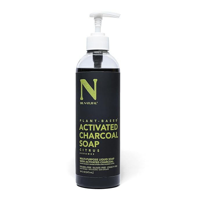 Dr. Natural Activated Charcoal Liquid Soap - Combat Acne and Blemishes - Deep Cleansing Body Wash - Gentle Body Soap for Clear Skin - Citrus
