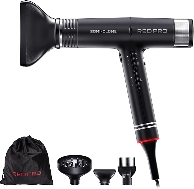 RED Pro Hair Dryer Soni-Clone 110,000 RPM High Speed BLDC Motor Dryer, Strong Air Flow for Fast Drying, Lightweight with Luxury Home & Travel Pouch, Magnetic Nozzle Hair Pik, Diffuser & Concentrator