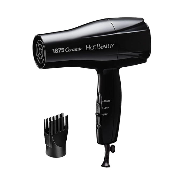 1875 Ceramic Hair Dryer, Powerful Fast Drying, Multi-Setting with Comb Attachment, Additional Detangler Included, Slide Bar Switch, Compact for Home & Travel (Black) — product view