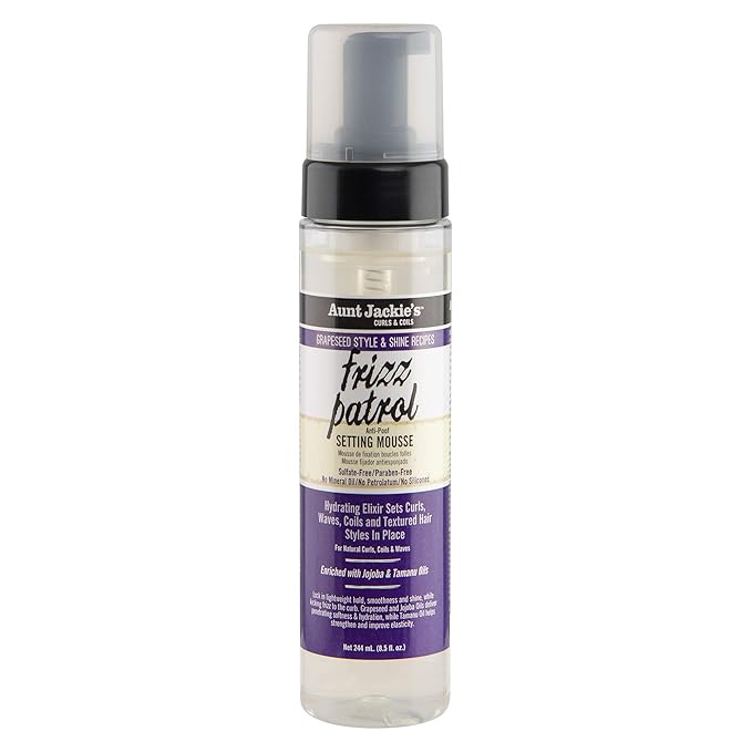 Aunt Jackie's Grapeseed Style and Shine Recipes Frizz Patrol Anti-Poof Setting Hair Mousse, Sets Curly Hair Styles in Place,Purple Fl.Oz 8.5 Ounce