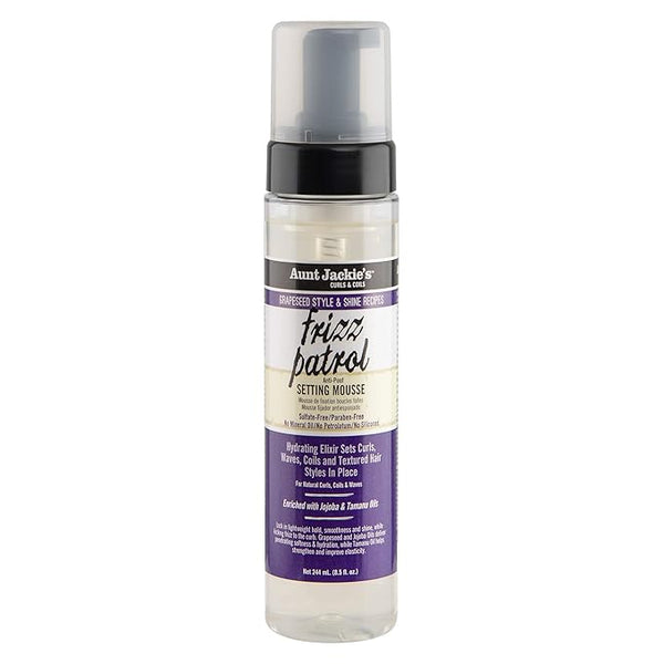 Aunt Jackie's Grapeseed Style and Shine Recipes Frizz Patrol Anti-Poof Setting Hair Mousse, Sets Curly Hair Styles in Place,Purple Fl.Oz 8.5 Ounce