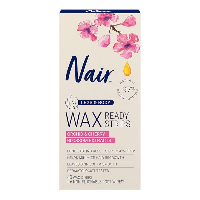 Nair Hair Remover Wax Ready Strips, Legs and Body Hair Removal Wax Strips, 40 Count