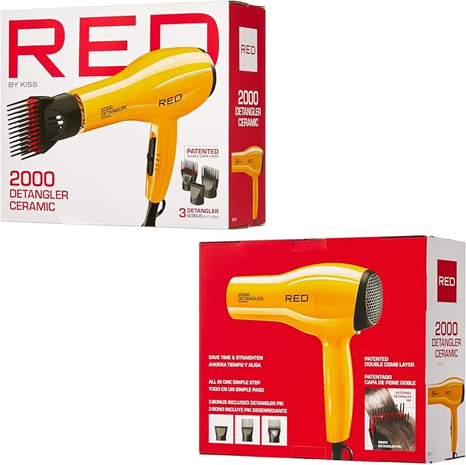 RED by KISS 2000 Ceramic Hair Dryer, Professional Salon Blow Dryer 3 Attachments Included, 2 Detangler Piks, 1 Air Concentrator (Yellow