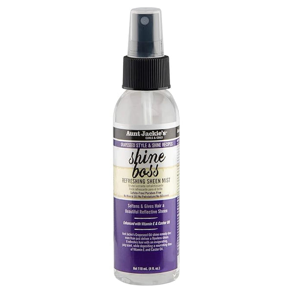 Aunt Jackie's Grapeseed Style and Shine Recipes Shine Boss Refreshing Sheen Hair Mist, Gives Curls, Waves and Coils Shine Without Oily Feel, 4 oz