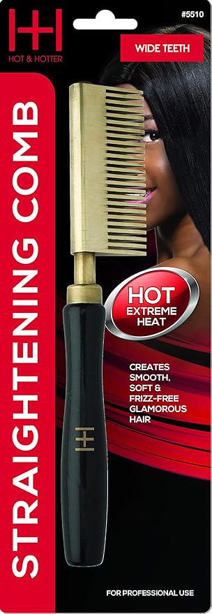 Hot & Hotter Thermal Straightening Comb - Wide Teeth (Model 5510) - Gold Ceramic Coated Pressing Comb for Stove Top - Heavy Duty Detangling & Straightening for Thick Coarse Hair