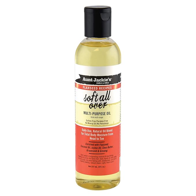 Aunt Jackie's Flaxseed Recipes Soft All Over, Multi-Use Oil for Hair and Body, Enriched with Flaxseed, Avocado, Coconut Oil and Marshmallow Root, Bottle 8 Fl Oz