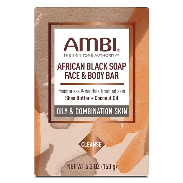 Ambi African Black Soap Face & Body Bar, Cleans and Nourishes Skin, Rinses Clear, 5.3 Ounce