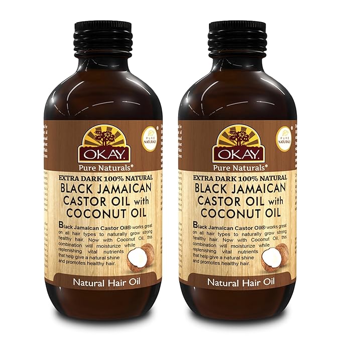 Okay Pure Naturals 100% Pure Black Jamaican Castor Oil with Coconut Oil - Castor Oil for Hair Growth for Men & Women, Moisture for Skin, Scalp, Eyelashes, Eyebrows - 4 oz