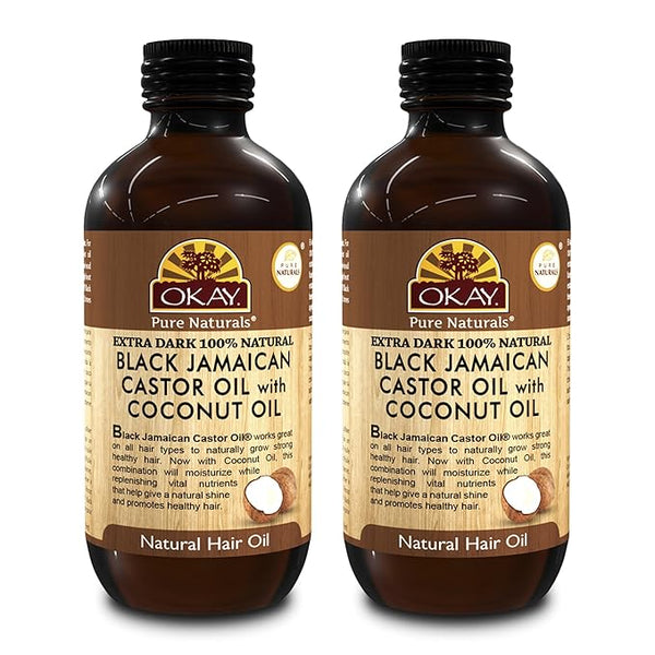 Okay Pure Naturals 100% Pure Black Jamaican Castor Oil with Coconut Oil - Castor Oil for Hair Growth for Men & Women, Moisture for Skin, Scalp, Eyelashes, Eyebrows - 4 oz