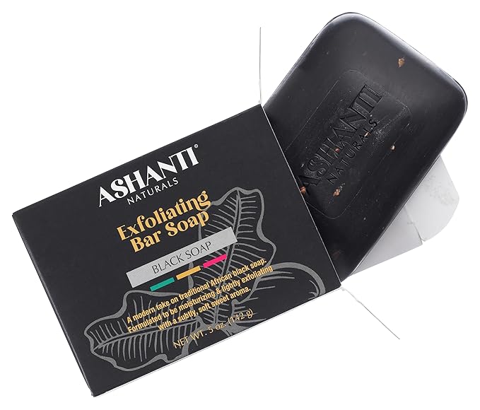 Ashanti Naturals Black Soap Bar | Exfoliating Natural Soap with Shea Butter, Jojoba Oil & Oatmeal for Women & Men – 5 oz