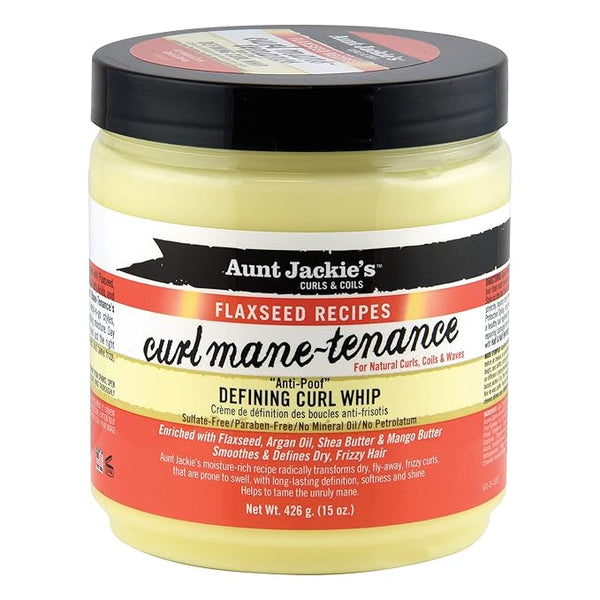 Aunt Jackie's Flaxseed Recipes Curl Mane-tenance, Lightwieght Anti-Poof Defining Curl Whip, Enriched with Flaxseed, Argan Oil and Shea Butter, Great for Dry and Frizzy Hair, 15 Oz Jar