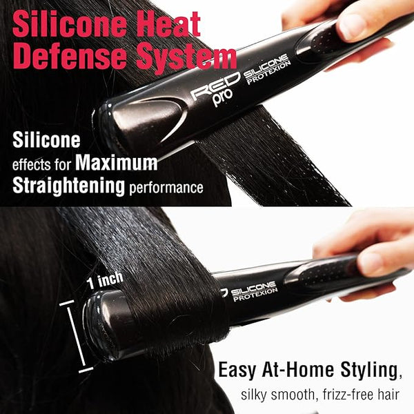 Red Pro Hair Straightener Silicone Protexion Flat Iron 1 Inch, Adjustable Temperature Setting, Ultra Thin, Lightweight — product view
