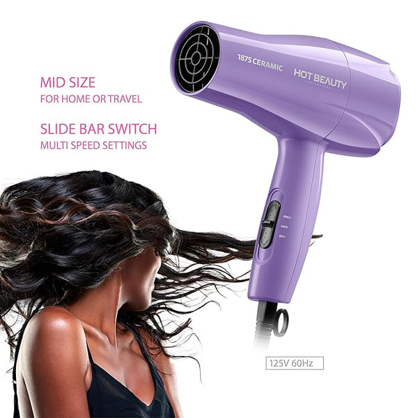 1875 Ceramic Hair Dryer, Powerful Fast Drying, Multi-Setting with Comb Attachment, Additional Detangler Included, Slide Bar Switch, Compact for Home & Travel (Purple) — product view