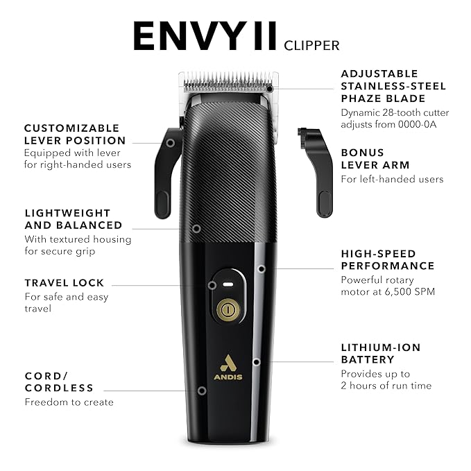 Andis Envy II Cordless Clipper, Professional Lithium-ion Electric Beard & Hair Clipper, Phaze Blade, Cordless, Black