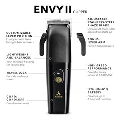 Andis Envy II Cordless Clipper, Professional Lithium-ion Electric Beard & Hair Clipper, Phaze Blade, Cordless, Black