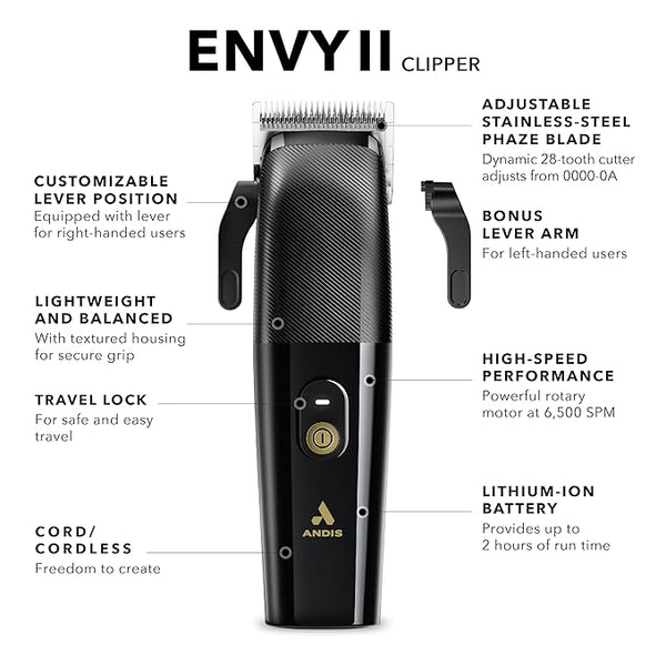 Andis Envy II Cordless Clipper, Professional Lithium-ion Electric Beard & Hair Clipper, Phaze Blade, Cordless, Black