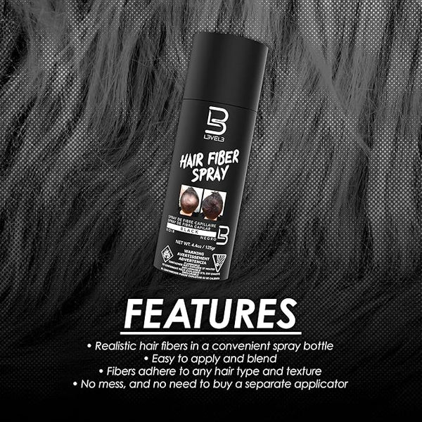L3 Level 3 Black Hair Fiber Spray - Covers Bald Spots & Thinning Hair - Instant Gray Coverage & Thicker Hair Appearance — product view