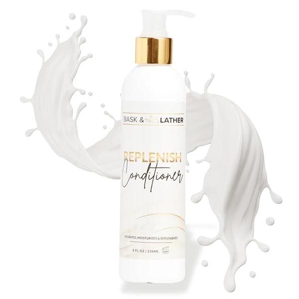 BASK & LATHER Replenish Conditioner – Deep Hydrating, Natural Formula for Elasticity & Detangling, Silicone-Free, Paraben-Free, Color-Safe, 8 oz