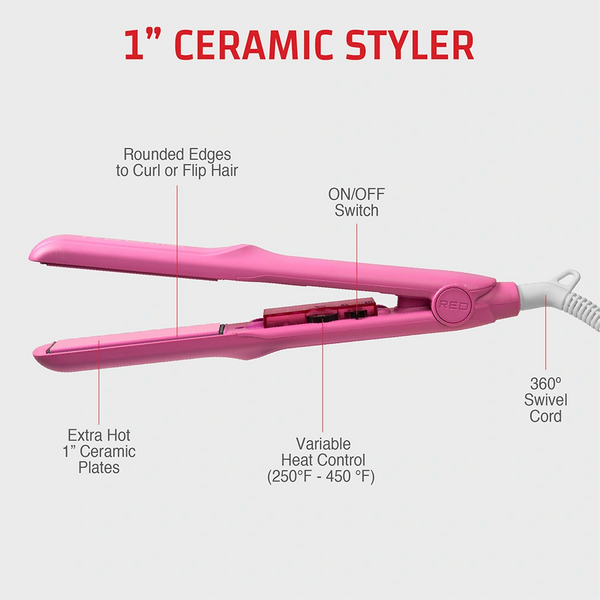 red by kiss 1″ Adjustable Heat Ceramic Styler Max 450ºF Temperature Control Dial  SKU: FIK100 color ︰ pink