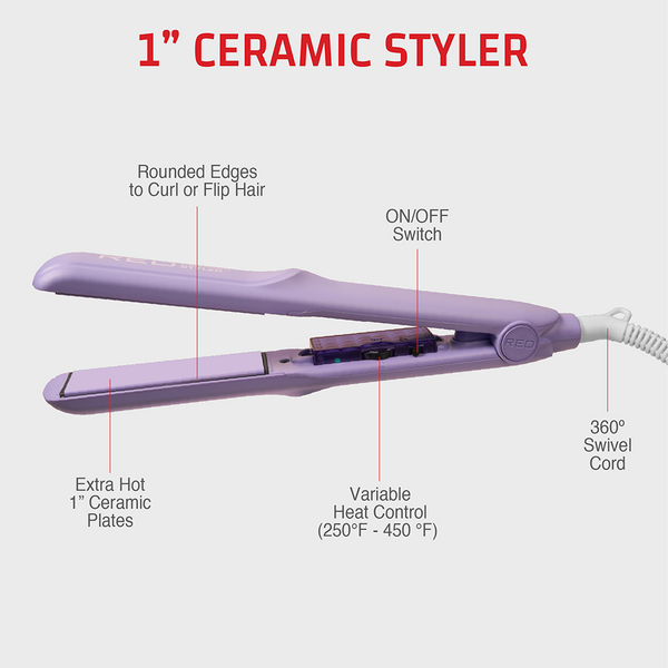 red by kiss1″ Adjustable Heat Ceramic Styler Max 450ºF Temperature Control Dial  SKU: FIV100 color ︰ purple