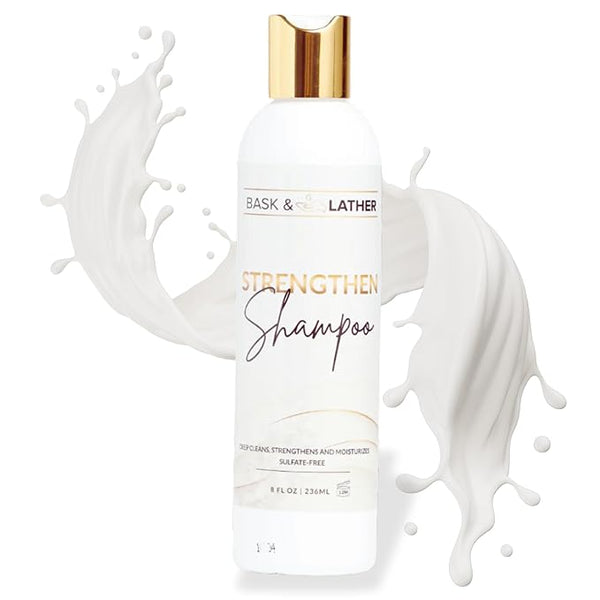 BASK & LATHER Strengthen Hair Shampoo – All-Natural, pH‑Balanced Formula for Hair Growth & Repair, Sulfate‑Free, Silicone‑Free, Paraben‑Free, 8 oz