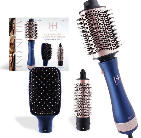 Hot & Hotter All-In-One Interchangeable Hair Dryer Brush, 1 Count Hair Styling Tool Set, Blue
