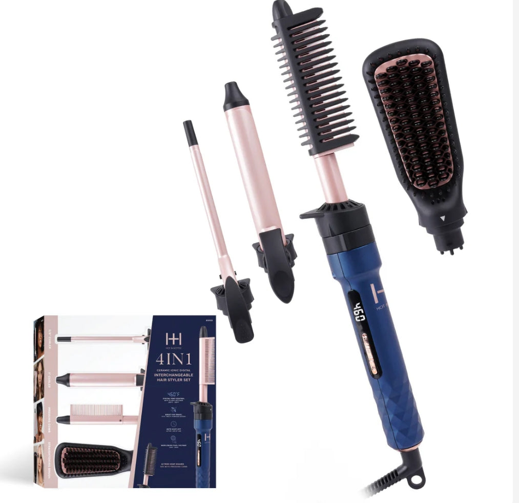 Hot & Hotter 4 in 1 Ceramic lonic Digital Interchangeable Hair Styler Set, Blue