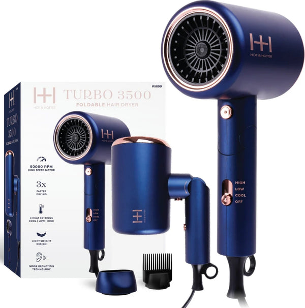 Hot & Hotter Turbo 3500 Foldable Hair Dryer, 1 Count Travel Dryer, Blue