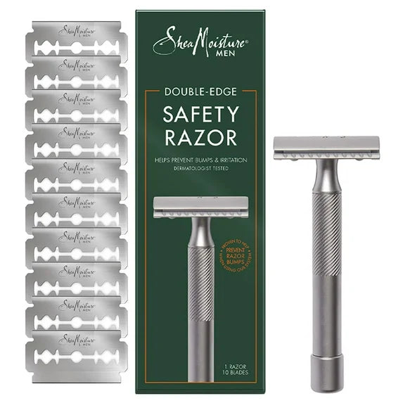 Shea Moisture Men, Double Edge Safety Razor With 10 Refill Double Edge Razor Blades For Men, Platinum Coated, Stainless Steel, Dad Gifts, 1 Razor Handle & 10 Razor Blades Per Box