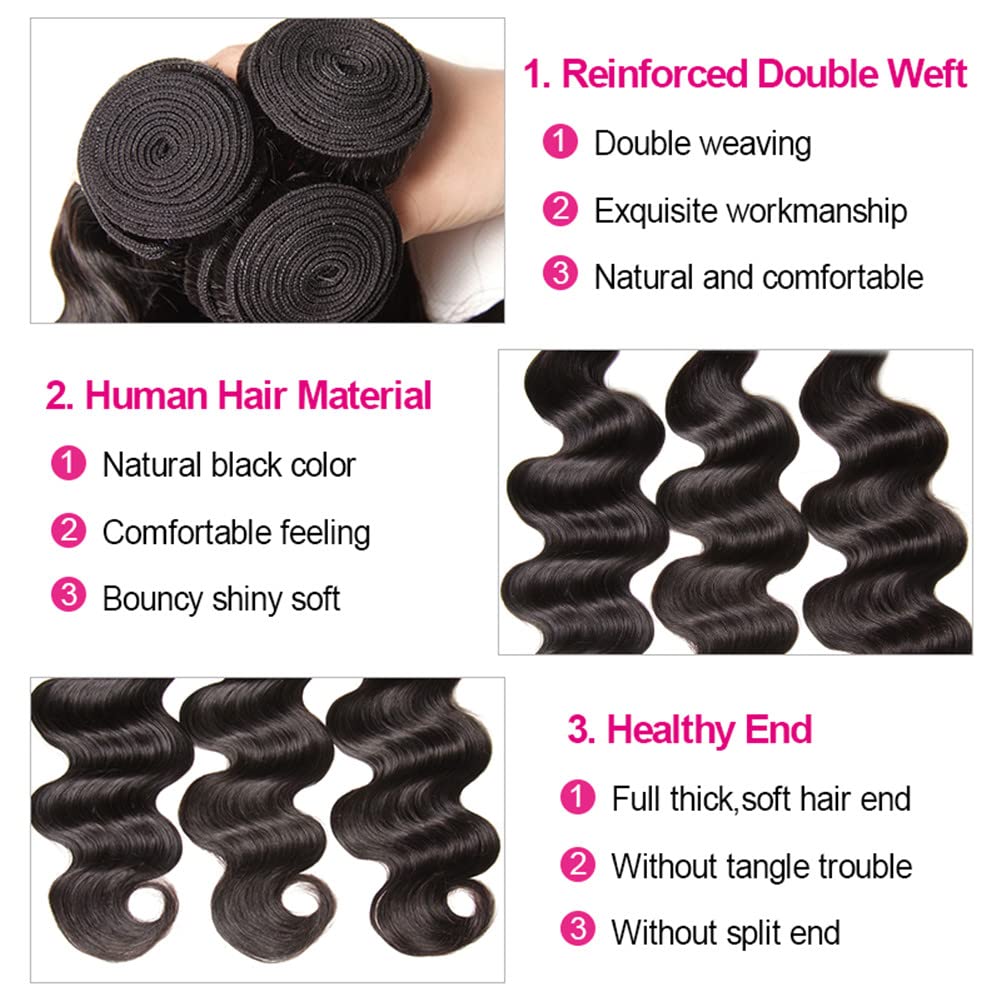 Human Hair Bundles with Closure (22 24 26+20，Free Part) Body Wave Bundles with Lace Closure Brazilian Human Hair Weave Bundles with Closure Virgin Hair Weft 150% Density Natural Color Find Your New Look Today!