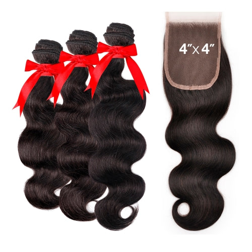 Queen Hair Unprocessed Brazilian Virgin Remy Human Hair Weave Body 3Pcs + 4X4 Closure Find Your New Look Today!